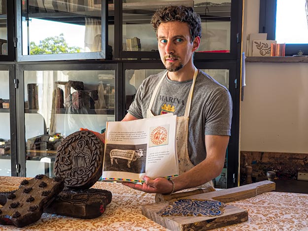 Emanuele Francioni uses ancient hand-carved wooden blocks to hand-print patterns on linen, just one of the many fascinating atisans I met in this undiscovered gem in Italy known as the Le Marche region