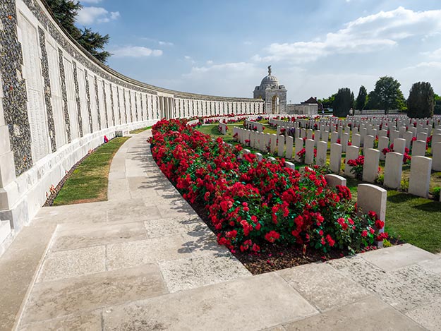 WW1 sites in Flanders, Belgium, include memorials like this Tyne Cot Cemetery for missing Commonwealth soldiers