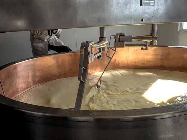 The curd is gently cut with wires, allowing more of the whey to be separated and removed