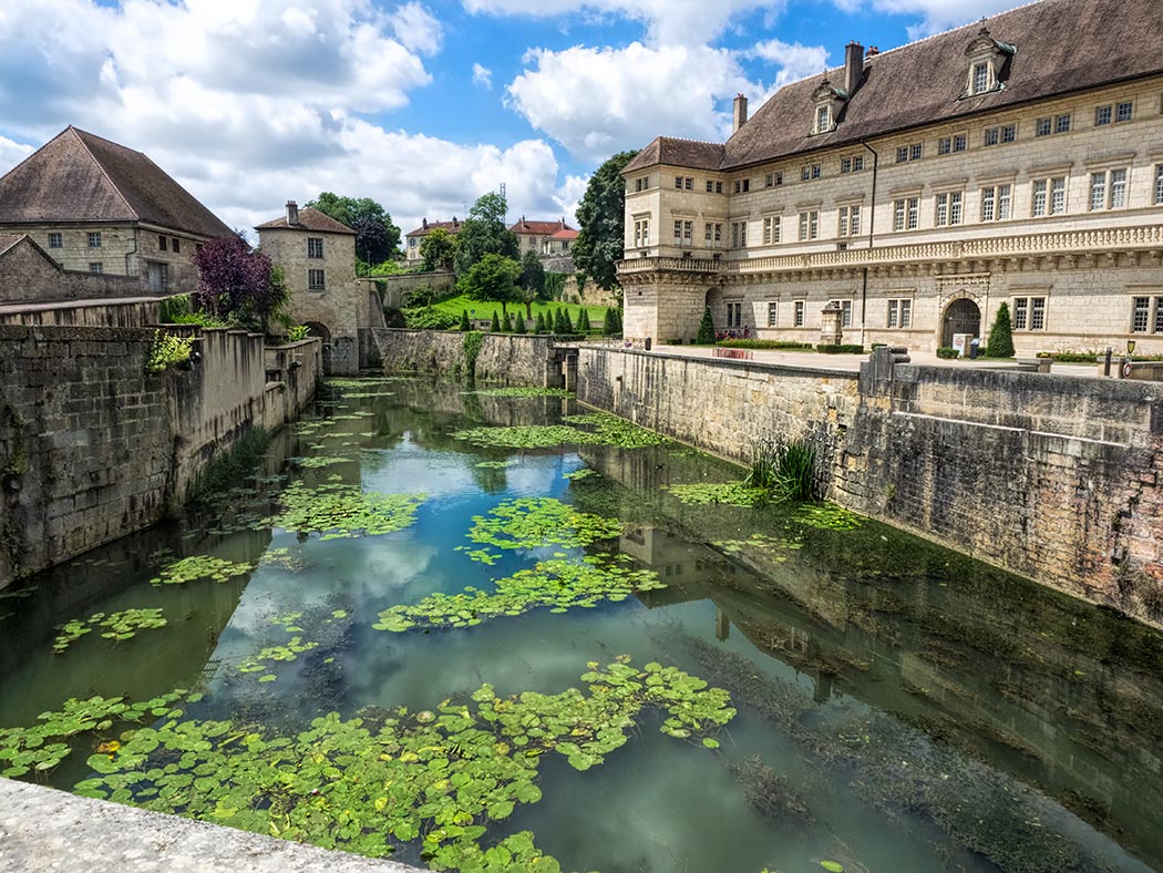 View along the old Tanners Canal in Dole, France, with Hotel Dieu at right