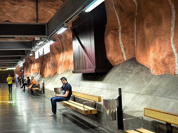 At Radhuset station, salmon colored walls represent deep inside the Atlas Mountains of Morocco
