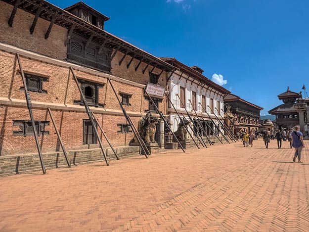 Though these structures in Bhaktapur's Durbar Square still await repairs, note that the grounds have been cleaned and work is proceeding in an orderly manner