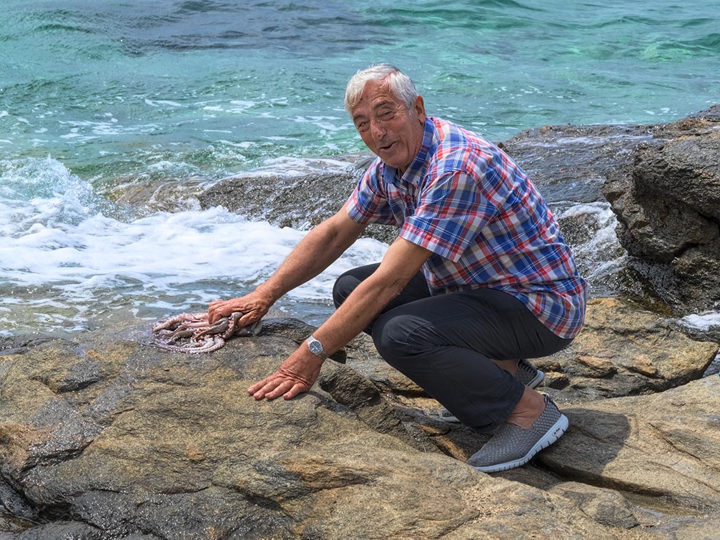 On the Greek island of Mykonos, a local man squatted down and began to tenderize octopus he just caught by slammg it repeatedly on the seaside rocks