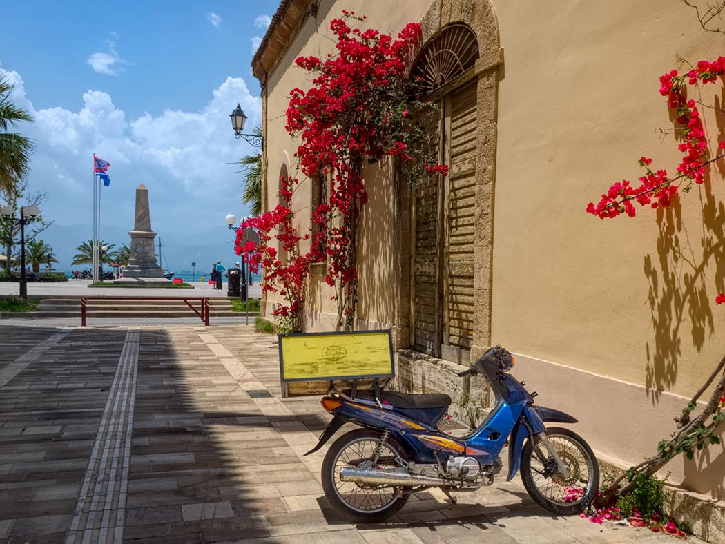 Street scene in old town Nafplio, looking toward Syntagma Square and the harbor