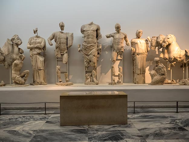 Pediment one from the Temple of Zeus in ancient Olympia, Greece, is displayed at the Olympia Archeological Museum