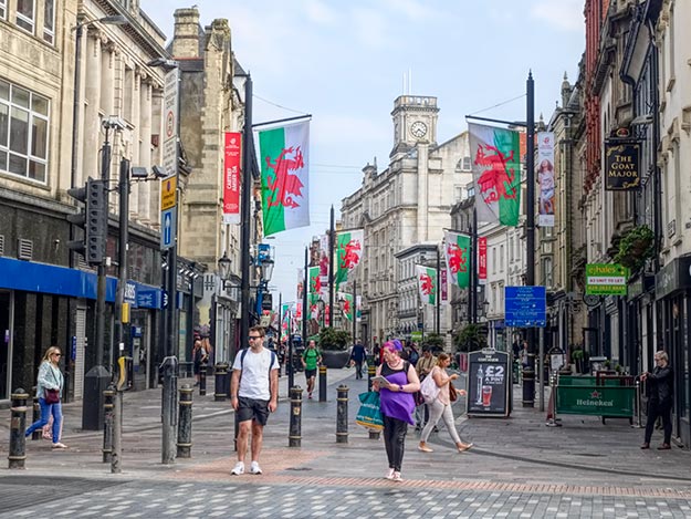 Welsh flags hand from lampposts on High Street in Cardiff
