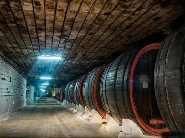Moldova-Chisinau-Cricova-Winery-subterranean-cellars Wine ages in giant barrels inside the subterranean cellars at Cricova Winery