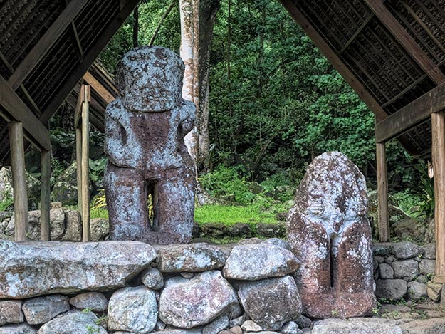 Ancient stone carvings of Tikas on the Marquesan island of Hiva-Oa