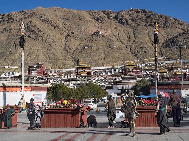 Tashilhunpo Monastery in Shigatse, Tibet. Even viewed from a plaza across the street, it is so massive that the entire monastery isn't visible in the photo
