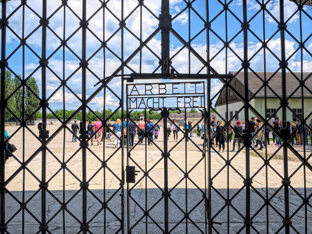 Entrance gate at Dachau Concentration Camp features the famous Arbeit Macht Frei (Work Makes You Free) slogan