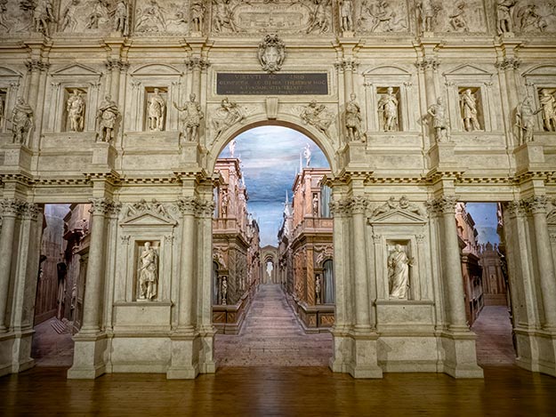 Seven Streets of Thebes stage set in Teatro Olimpico in Vicenza Olimpico with day lighting
