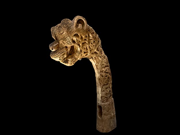 One of five mysterious carved wooden animal heads found in the Oseberg Grave Ship
