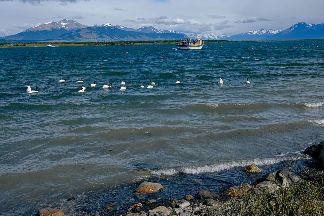 Waterfront in the town of Puerto Natales, gateway to Torres del Paine National Park in Patagonia, Chile