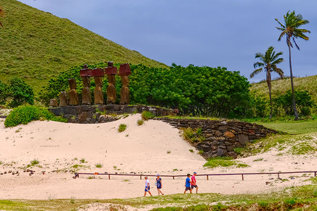Moai on an ahu platform at Anakena Beach where first Polynesian landed