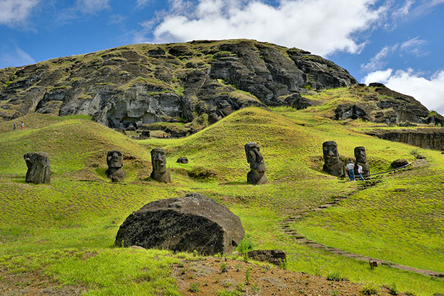 Moai dot the flanks of Rano Raraku quarry, where all the Moai of Easter Island were carved