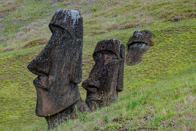 Partially buried Moai at the Rano Raraku quarry on Easter Island