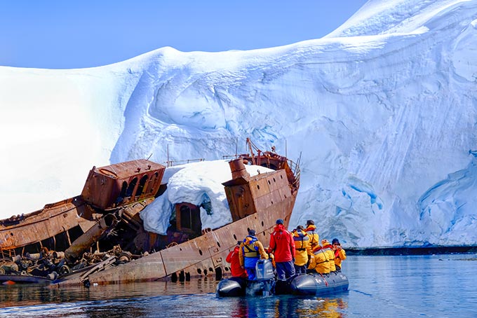 From the comfort of our Zodiac, we explore the wreck of an old whaling ship in Wilhelmina Bay