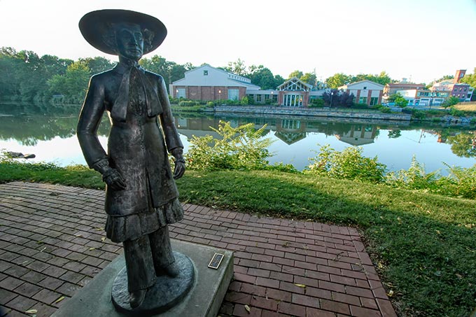 Statue of women's rights activist Amelia Bloomer at Ludovico Sculpture Park in Seneca Falls NY