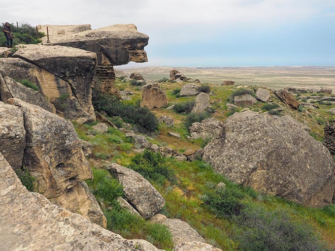 The Caspian Sea is visible from the cliffs of Gobustan National Park, just outside Baku