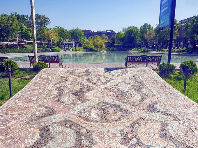 Megerian Carpet Mosaic with dragon design, on display in front of Swan Lake at the Opera House in Yerevan