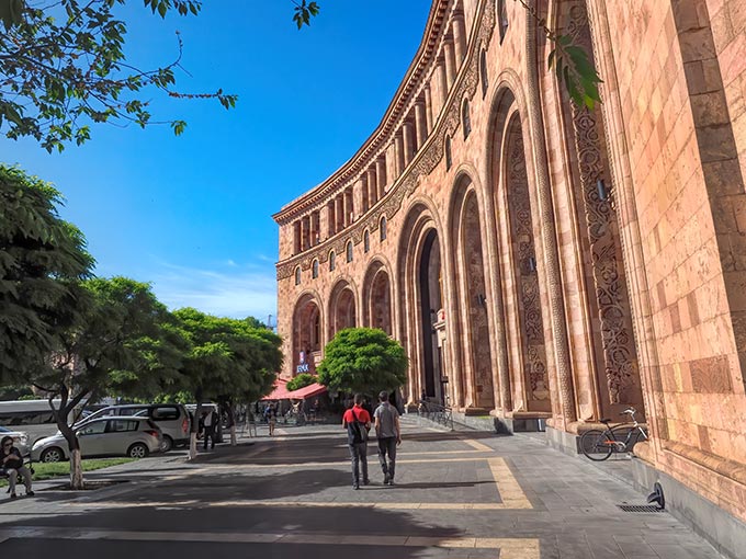 isiting Armenia - Marriott Hotel on Republic Square in Yerevan is a fine example of the pink tuff construction that gives Yerevan its nickname, "The Pink City"