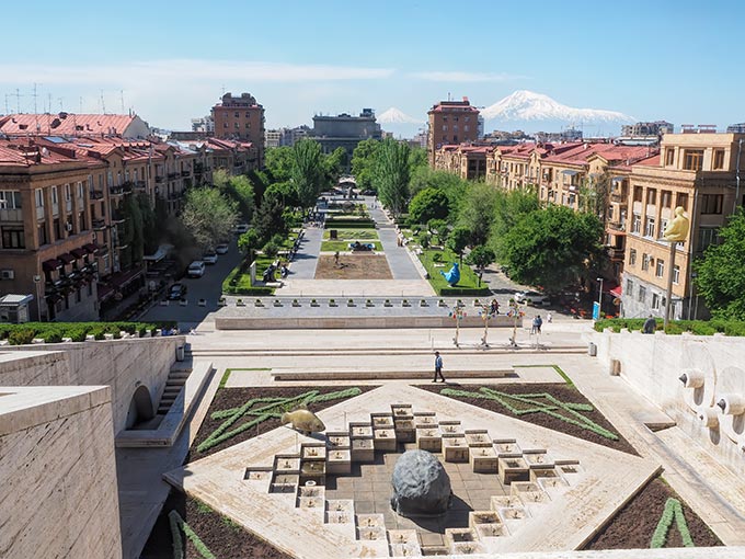 Visiting Armenia - View over Yerevan while walking up the Cascade, with Mount Ararat and Little Mount Ararat in the distance