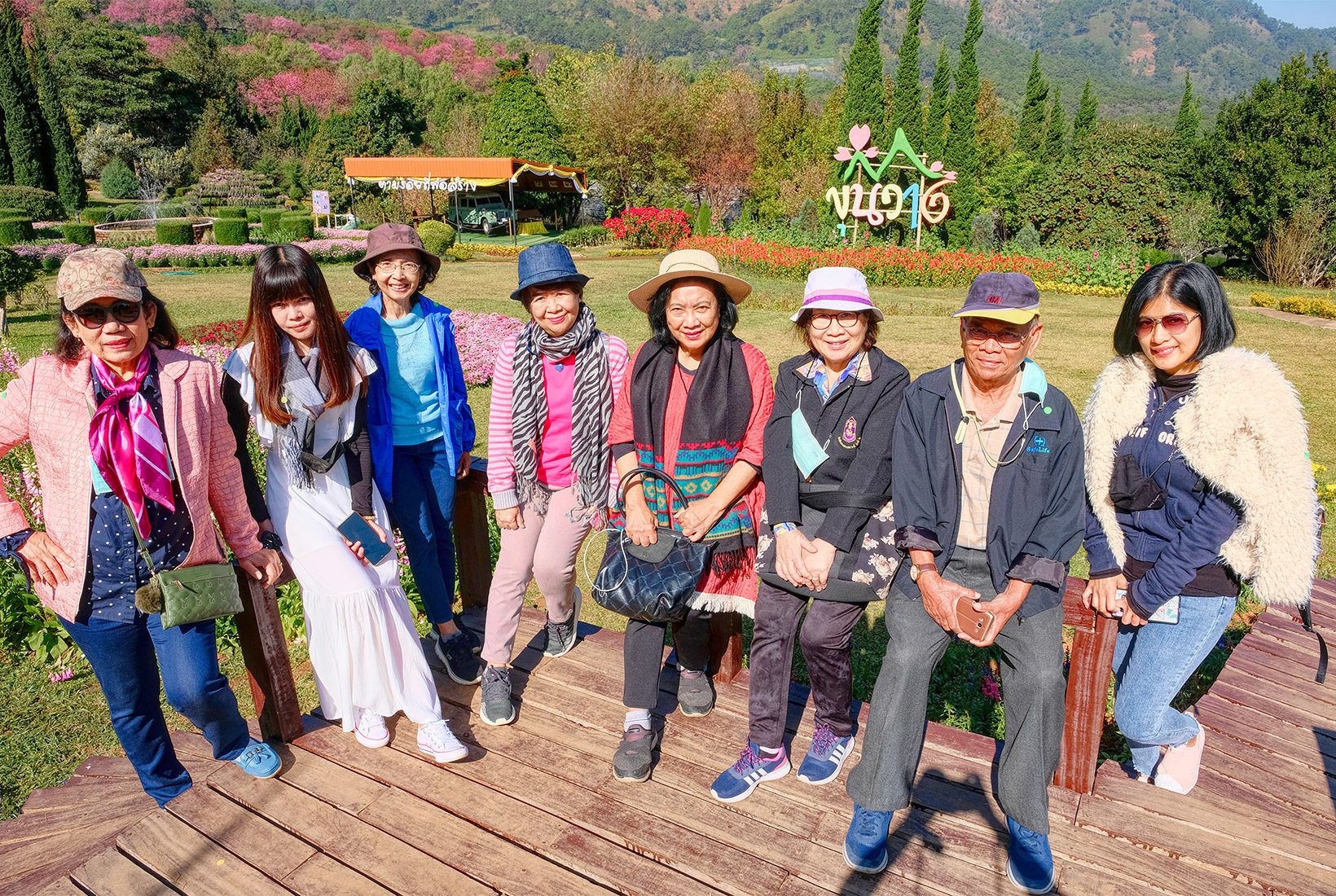 Photo opp for our group at the formal gardens of the Royal Agricultural Research Center in Doi Inthanon National Park, Thailand