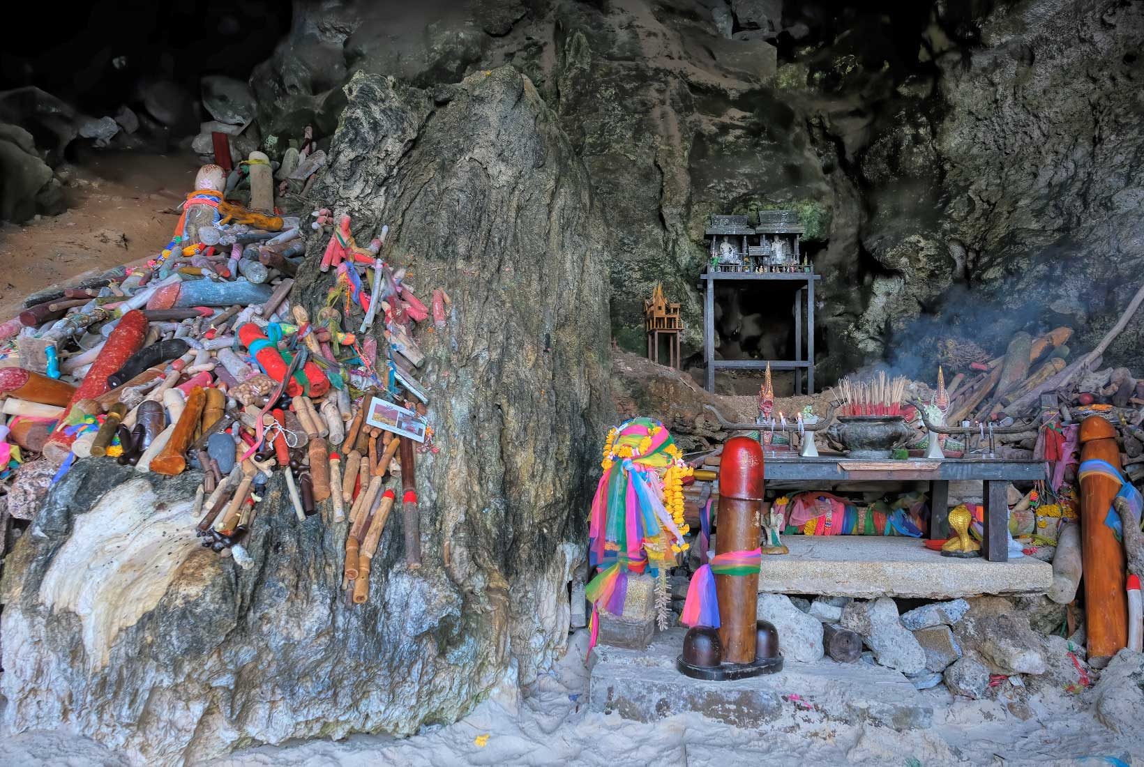 According to local legend, a hermit used magic to turn a bride into Phranang Cave at wedding gone bad. Today many Thais come to Phranang Cave to pray for love and add to the stack of wooden penises that surround the altar.