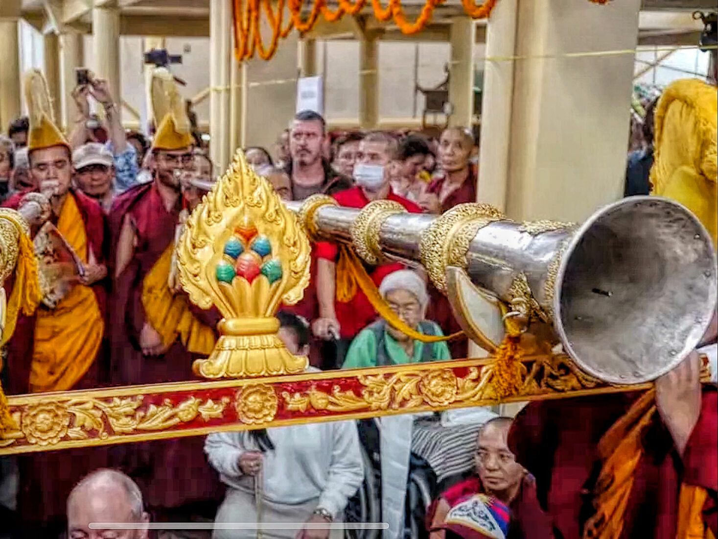 India McLeod Ganj Namgyal Monastery Dalai Lama Temple monks play traditional horns during Long Life Ceremony courtesy of the Office of His Holiness the Dalai Lama