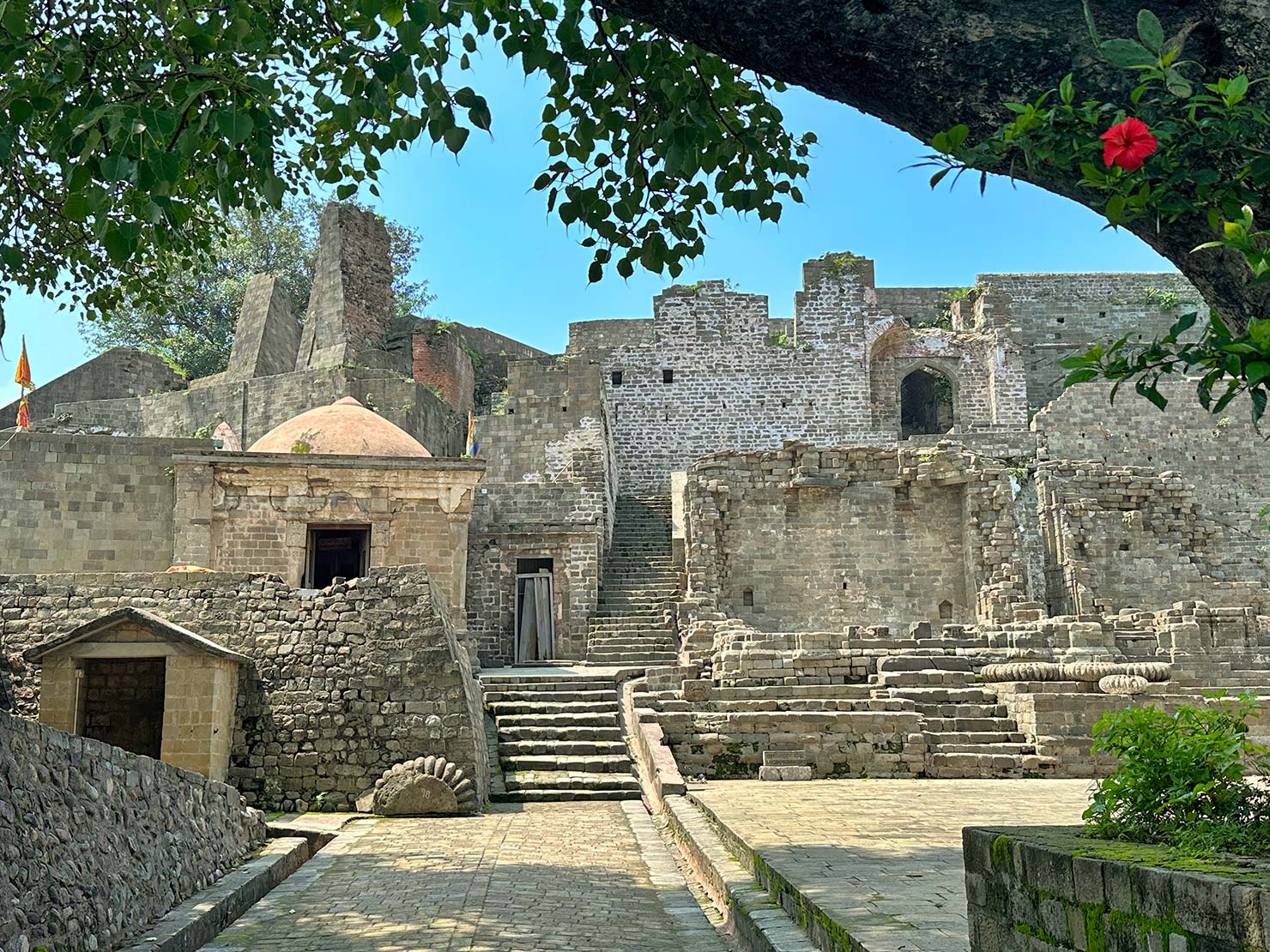 The fortifications and palace grounds at Kangra Fort sit atop a massive rock promontory