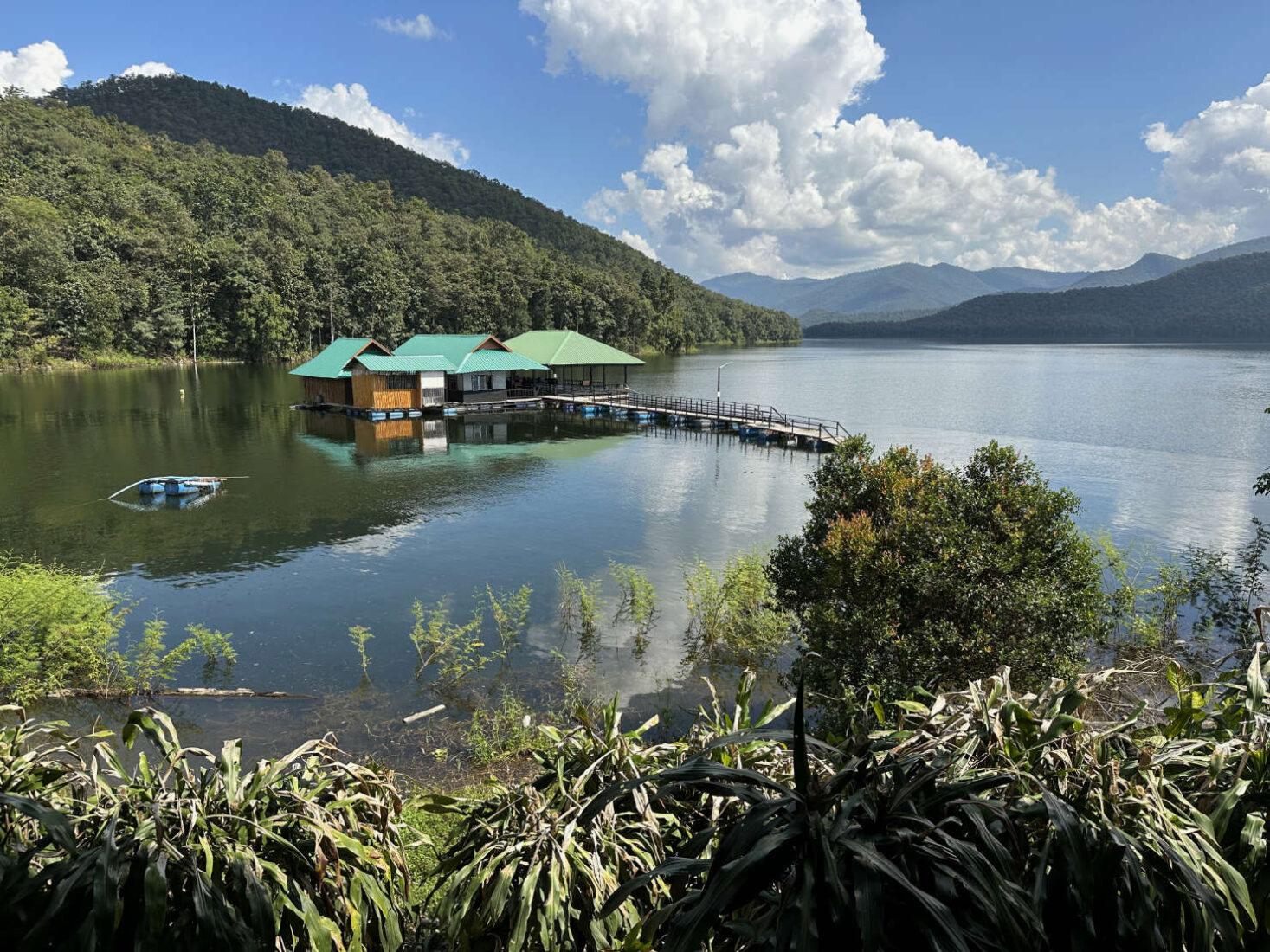 Floating restaurants and cabins on the lake at Srilanna National Park near Mae Taeng Thailand